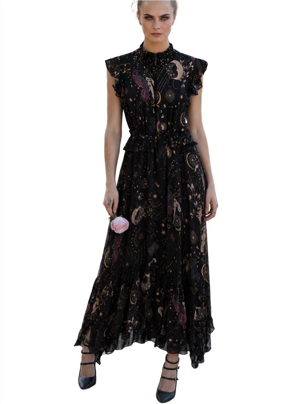 Zara Black Astrology Print Maxi Dress with Ruffle Details